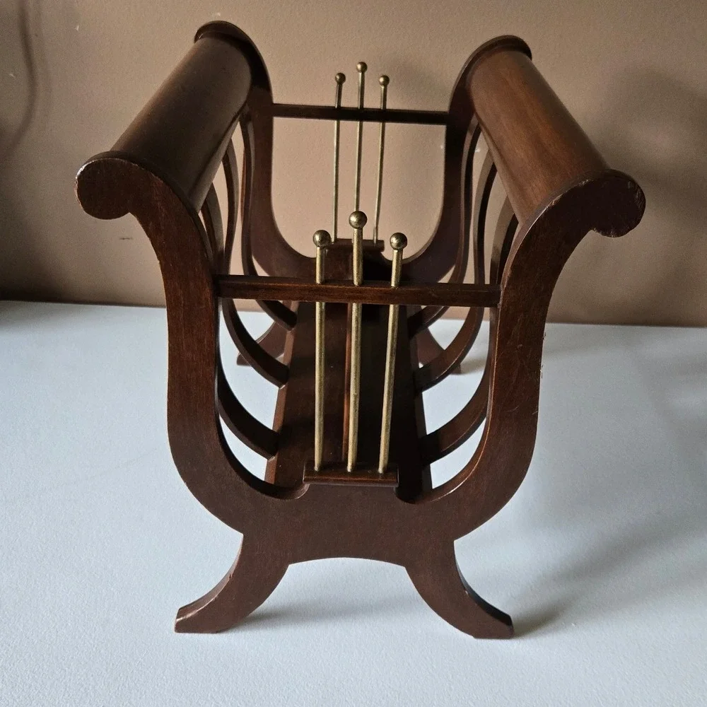 Vintage Brandt Mahogany Magazine Rack Brass Lyre Canterbury Hagerstown MD 3506